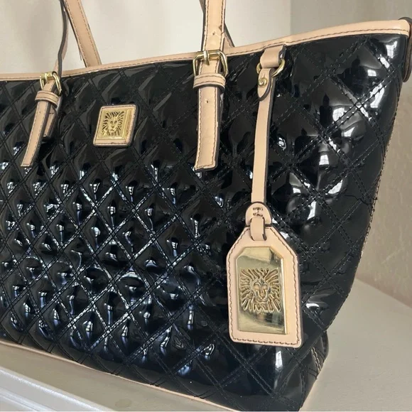 Anne Klein Quilted Patent Leather Shiny Black Tote Purse Shoulder Bag - Picture 2 of 14